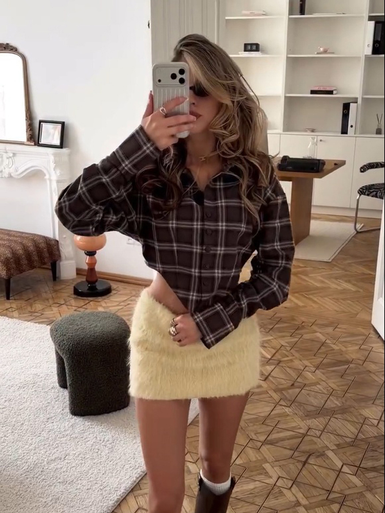 Women Chic Brown Plaid Check S - đánh giá và giá Mens Linen Shirt Long Sleeve